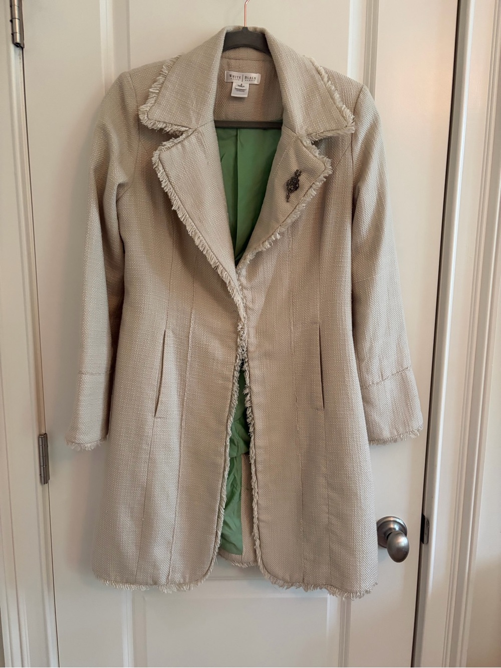 White House Black Market Cream Tweed Frayed-Trim Trench Coat with Green Lining